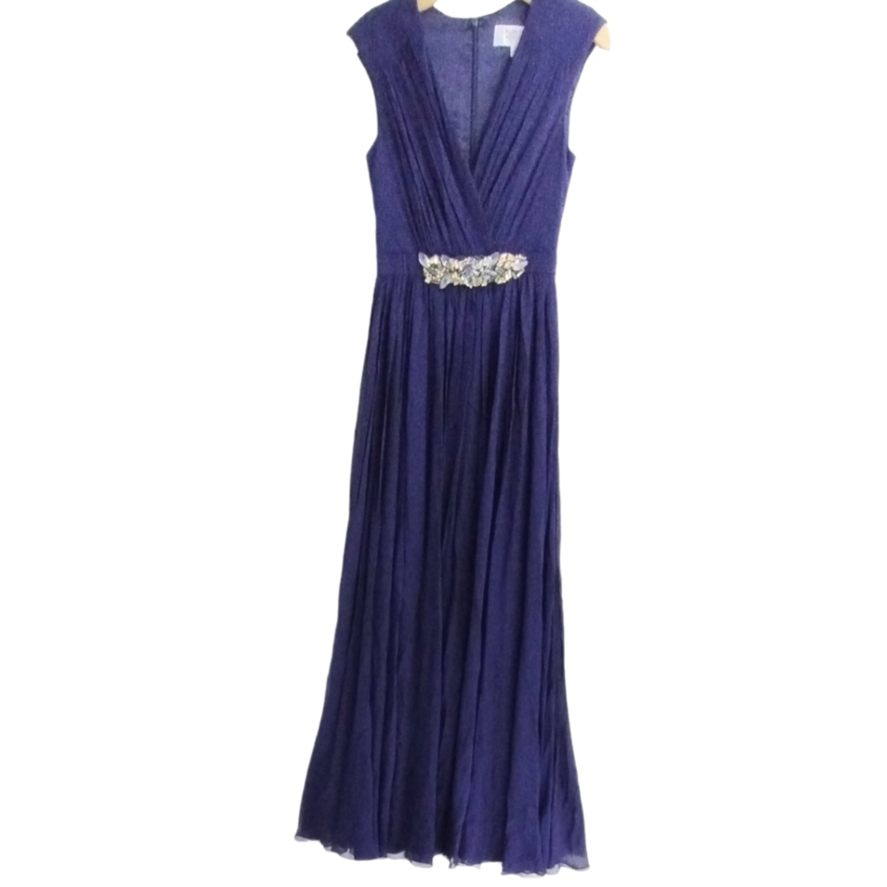 Badgley Mischka‎ Blue Silk Chiffon Pleated Gown